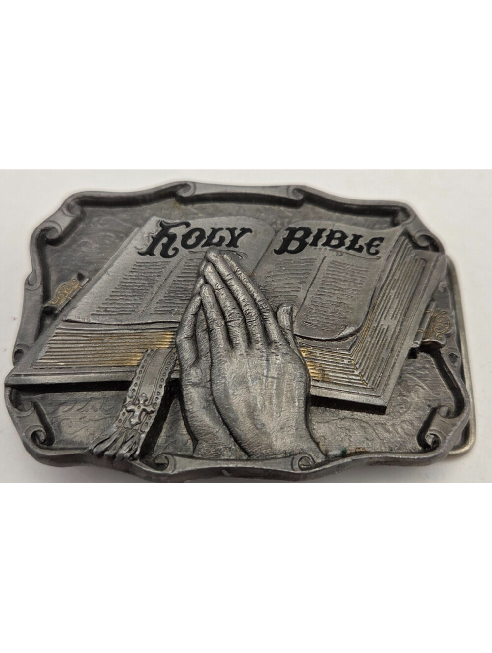 Vintage 1994 C&J Inc Holy Bible Praying Hands Belt Buckle CJ1628 USA